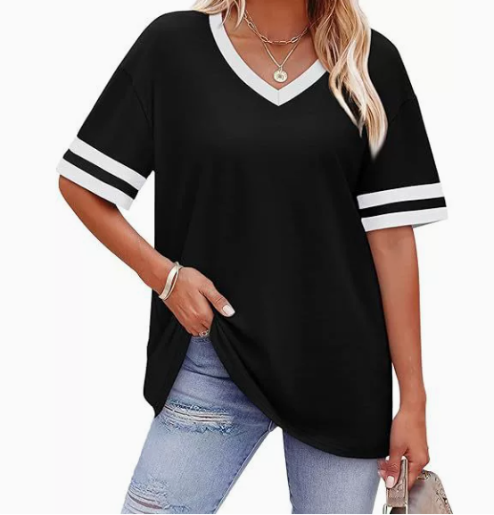 WIHOLL Women's Loose Short-Sleeve V-Neck Color Block T-Shirt, buy one get one free offer for a limited time, 2026 Summer New Arrival, Sizes S-3XL