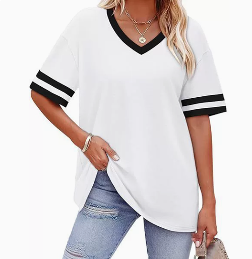 WIHOLL Women's Loose Short-Sleeve V-Neck Color Block T-Shirt, buy one get one free offer for a limited time, 2026 Summer New Arrival, Sizes S-3XL