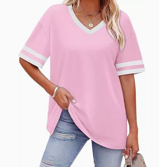 WIHOLL Women's Loose Short-Sleeve V-Neck Color Block T-Shirt, buy one get one free offer for a limited time, 2026 Summer New Arrival, Sizes S-3XL