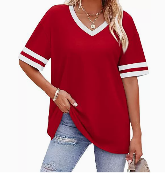 WIHOLL Women's Loose Short-Sleeve V-Neck Color Block T-Shirt, buy one get one free offer for a limited time, 2026 Summer New Arrival, Sizes S-3XL