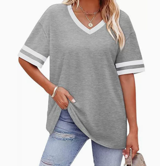 WIHOLL Women's Loose Short-Sleeve V-Neck Color Block T-Shirt, buy one get one free offer for a limited time, 2026 Summer New Arrival, Sizes S-3XL