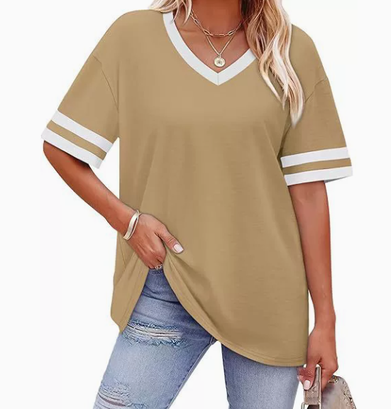 WIHOLL Women's Loose Short-Sleeve V-Neck Color Block T-Shirt, buy one get one free offer for a limited time, 2026 Summer New Arrival, Sizes S-3XL