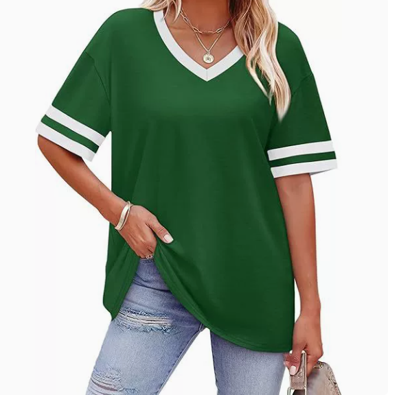 WIHOLL Women's Loose Short-Sleeve V-Neck Color Block T-Shirt, buy one get one free offer for a limited time, 2026 Summer New Arrival, Sizes S-3XL