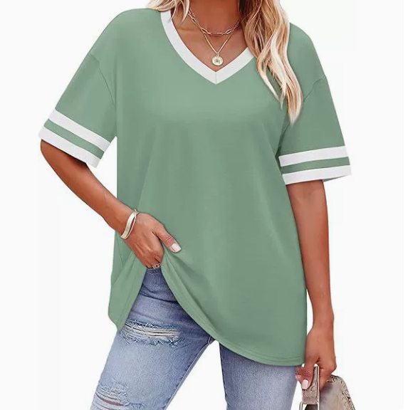 WIHOLL Women's Loose Short-Sleeve V-Neck Color Block T-Shirt, buy one get one free offer for a limited time, 2026 Summer New Arrival, Sizes S-3XL