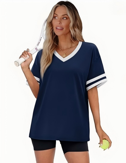 WIHOLL Women's Loose Short-Sleeve V-Neck Color Block T-Shirt, buy one get one free offer for a limited time, 2026 Summer New Arrival, Sizes S-3XL